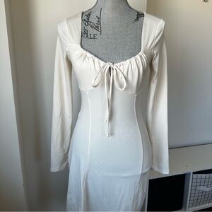 Butter Soft Romantic Long Sleeve Tie-Front Bodycon Midi Dress in Cream - Small